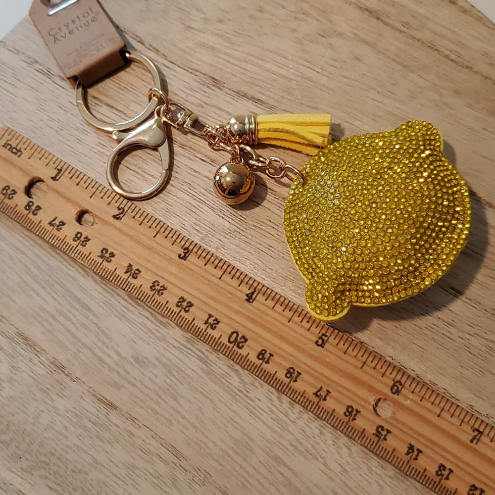 Puffy rhinestone covered lemon sunshine yellow tassel keychain NWT